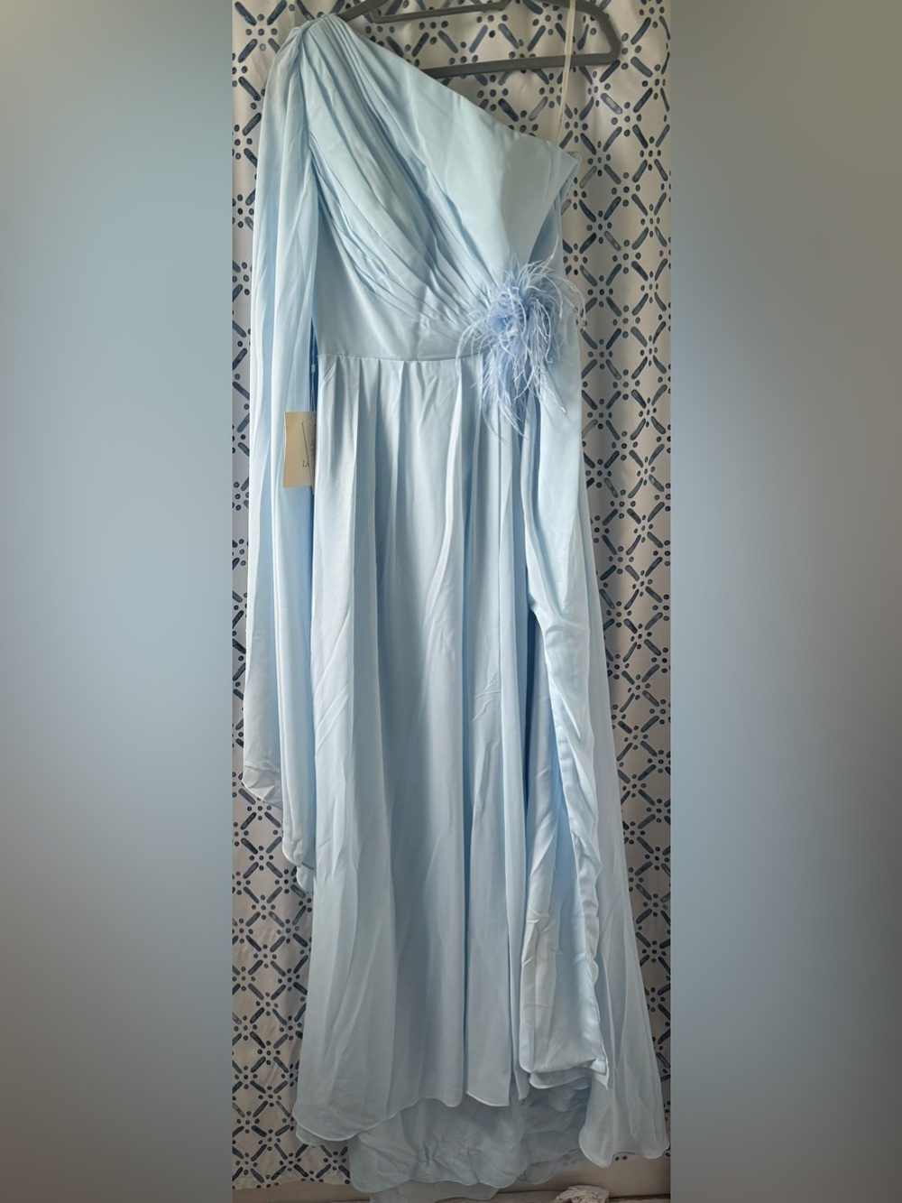 Light Blue Women’s Formal dress with Feather Accent